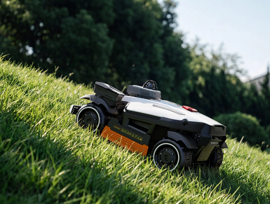 MAMMOTION LUBA 4 AWD mowing on a steep grassy slope
