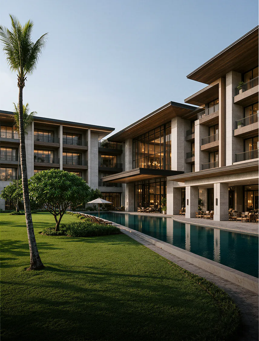 Luxury hotel grounds by the water