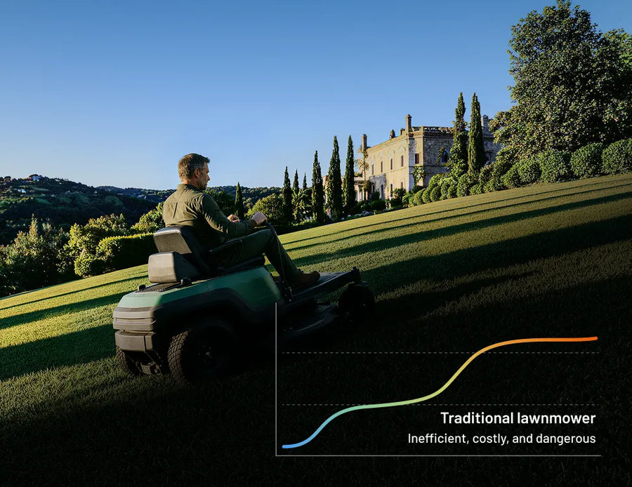 A rider mower maintaining a large commercial lawn